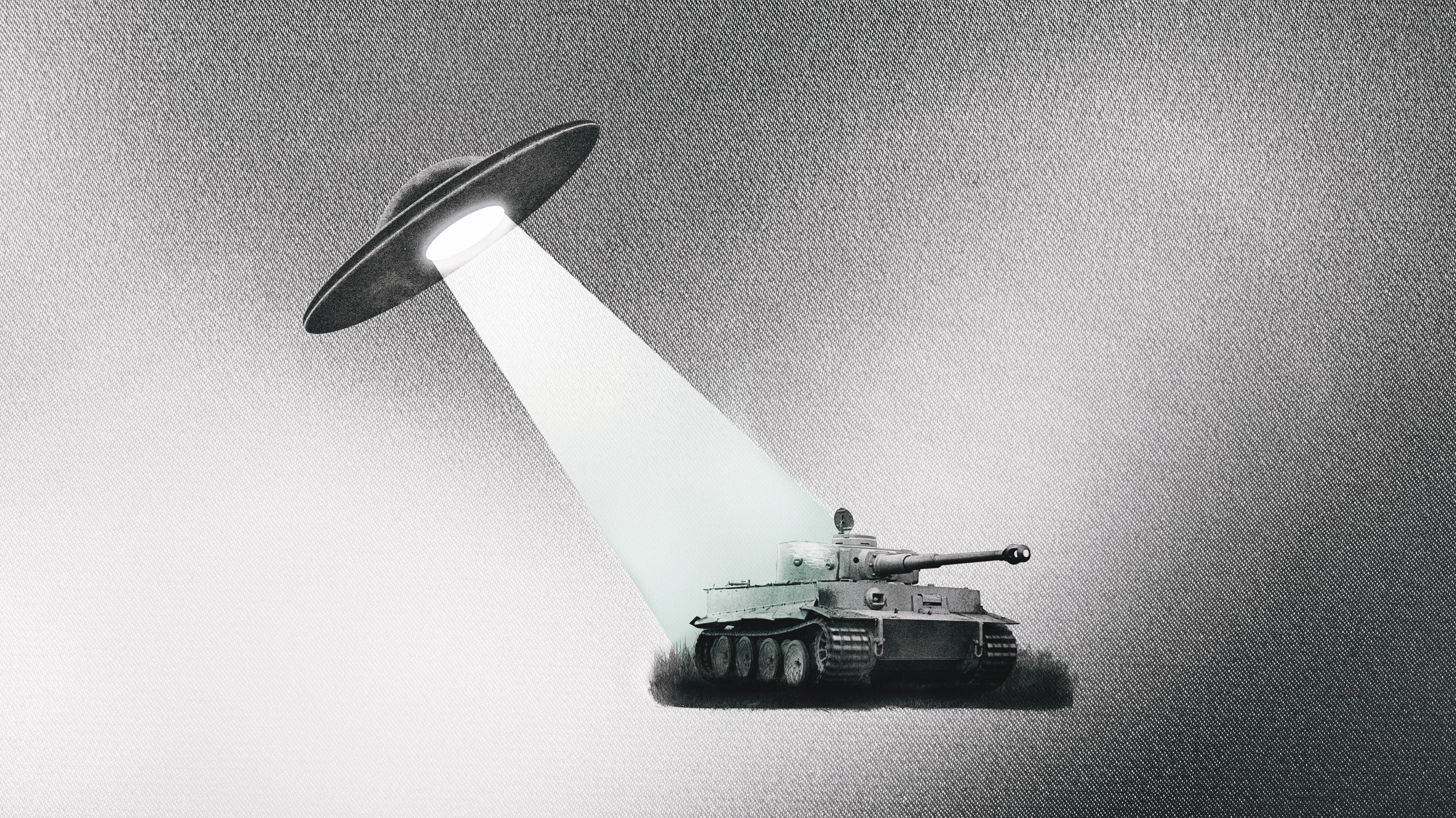 Die Grafik zeigt eine Reichsflugscheibe und einen Panzer des Typs Tiger.