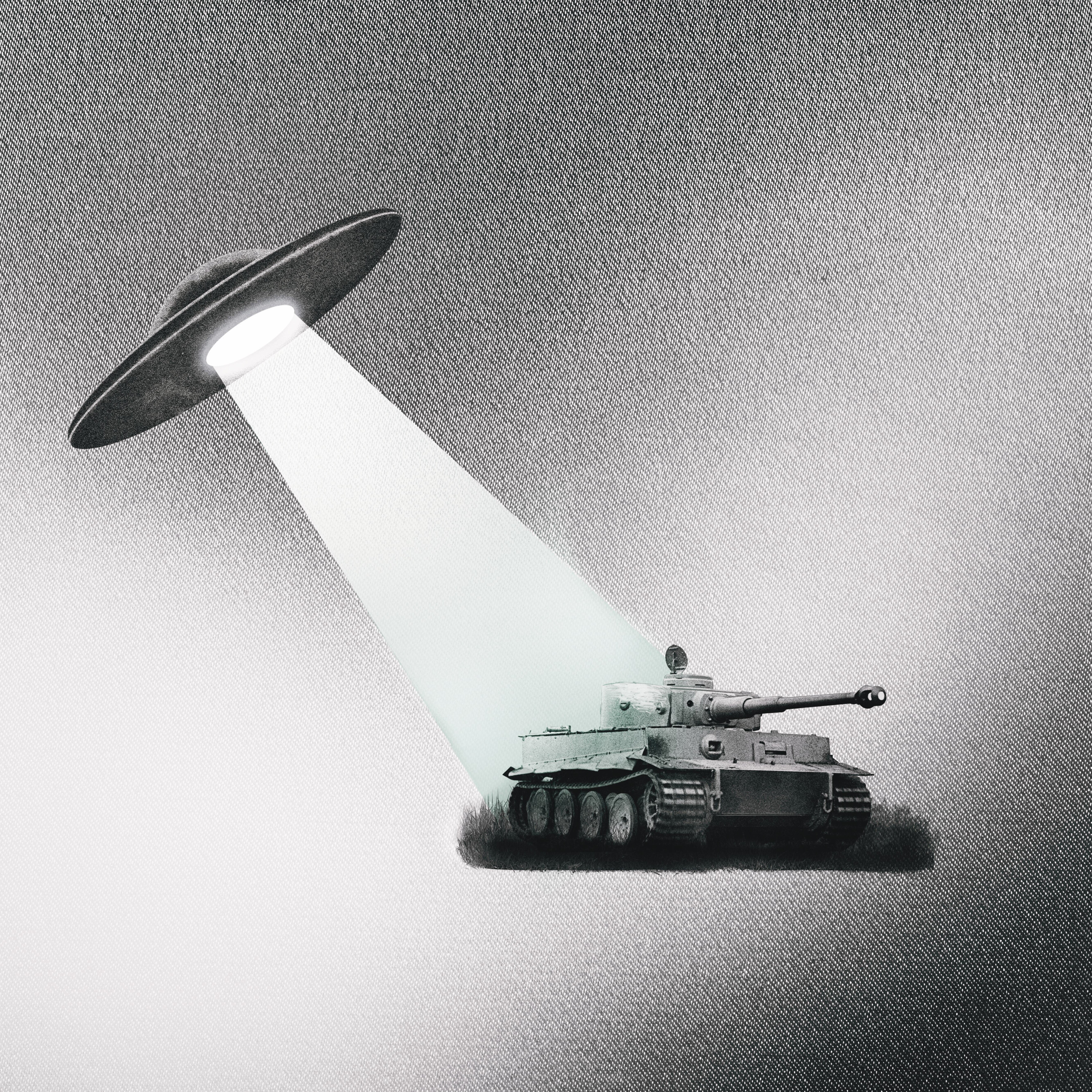 Die Grafik zeigt eine Reichsflugscheibe und einen Panzer des Typs Tiger.
