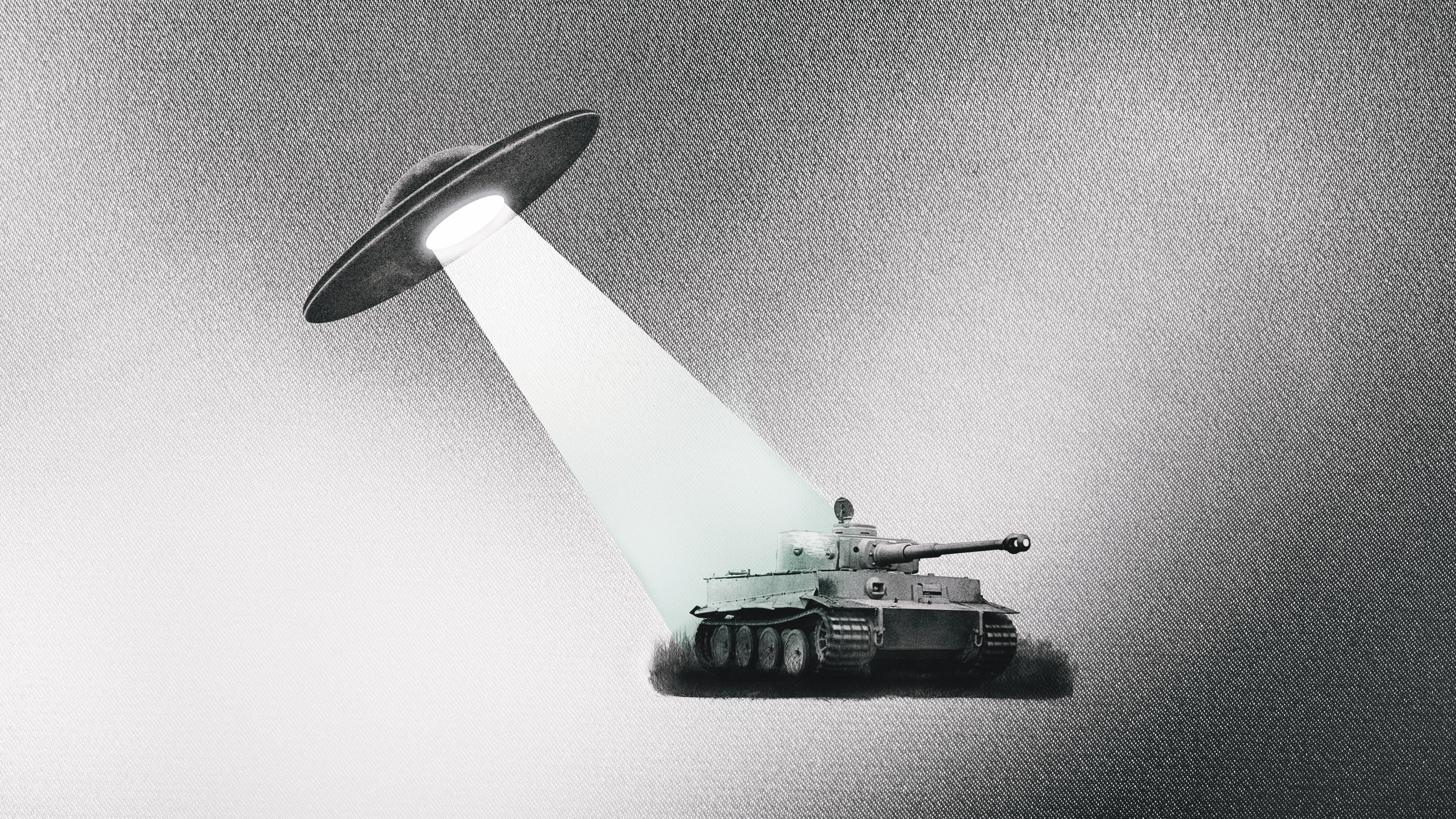 Die Grafik zeigt eine Reichsflugscheibe und einen Panzer des Typs Tiger.
