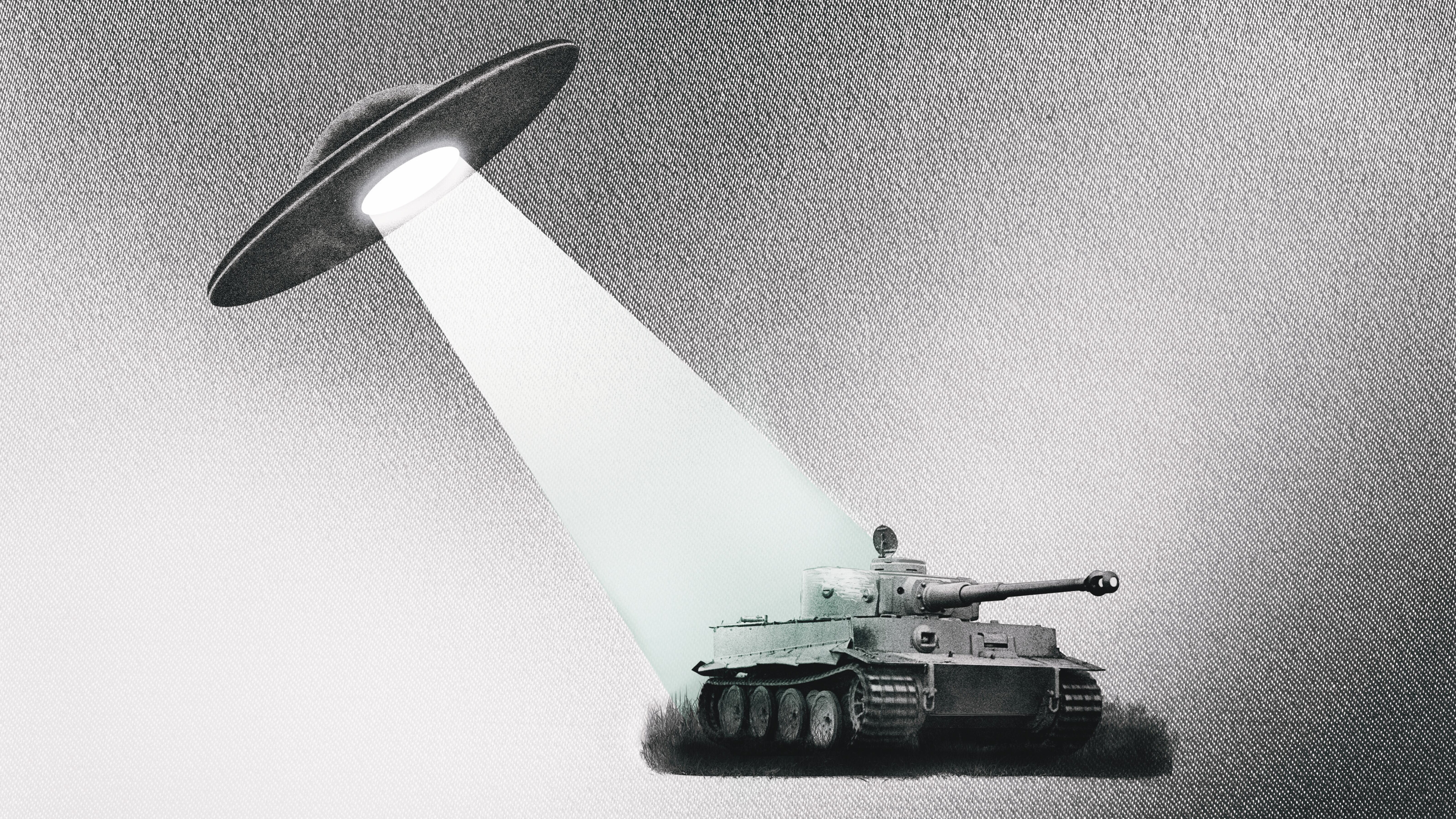 Die Grafik zeigt eine Reichsflugscheibe und einen Panzer des Typs Tiger.