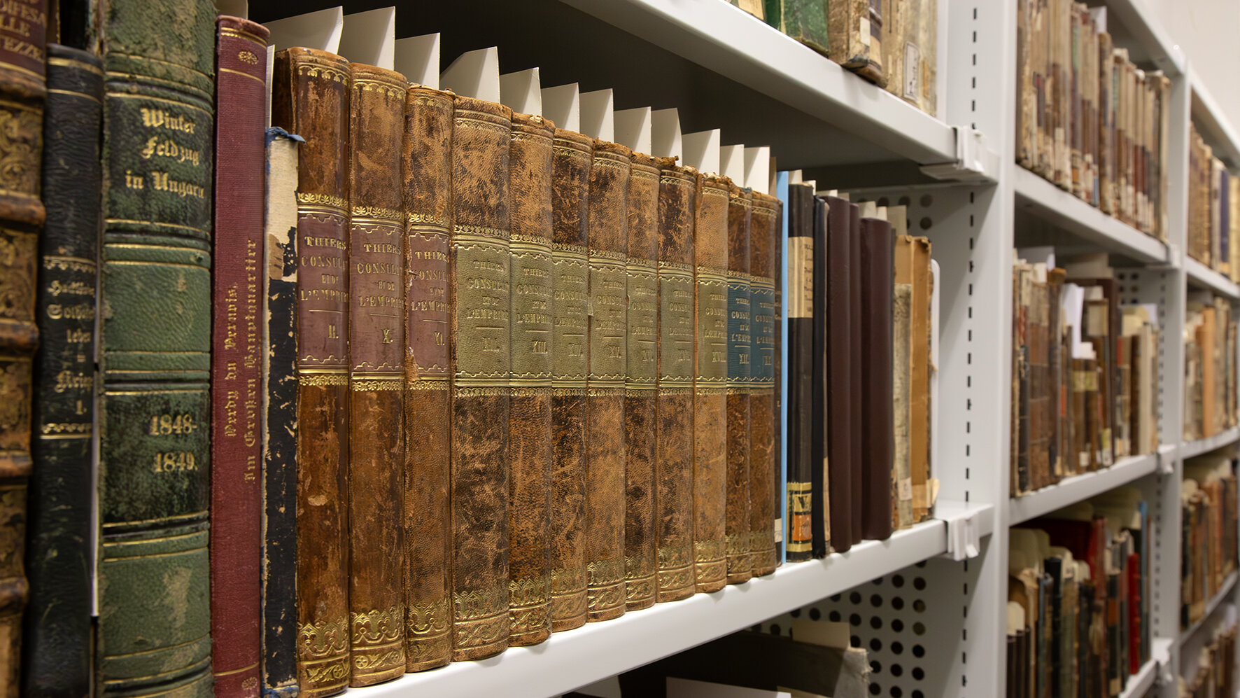 Das Bild zeigt Regale mit historischen Büchern. 